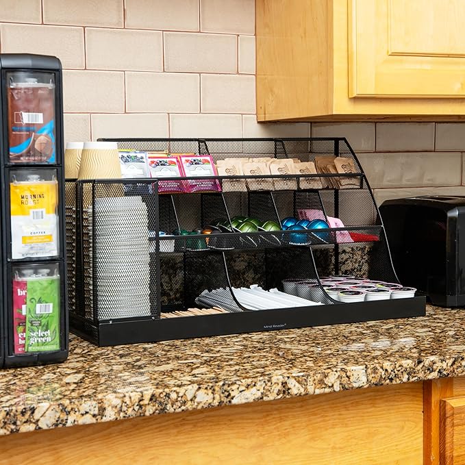 Mind Reader Cup and Condiment Station, Breakroom Countertop Organizer, 3-Tier Storage for Office Coffee Stations and Shared Spaces, Metal Mesh, Black