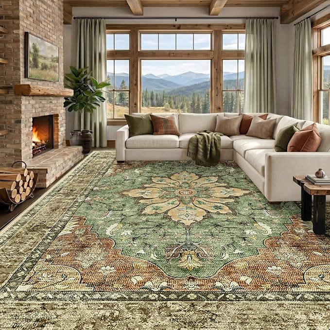 RELEANY Area Rugs Large 10'x12' Washable Non-Slip, Floral Vintage Distress Medallion Carpet for Living Room Bedroom Dining Room, Terracotta Burnt Orange Green