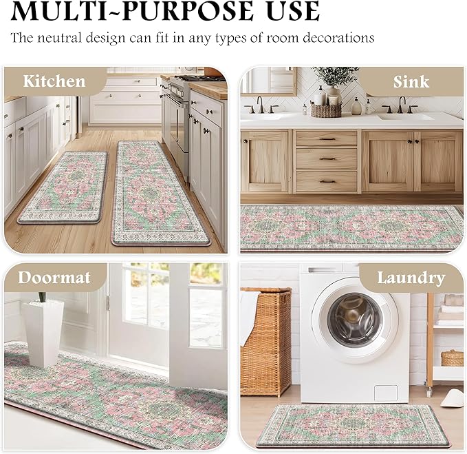 Boho Kitchen Mats for Floor 2 Piece Set Anti Fatigue Cushioned PVC Kitchen Rugs Non Slip Waterproof Farmhouse Mats 2/5 Inch Comfort Standing Mat for Sink, Laundry, 17.3"x59"+17.3"x28", Green Pink