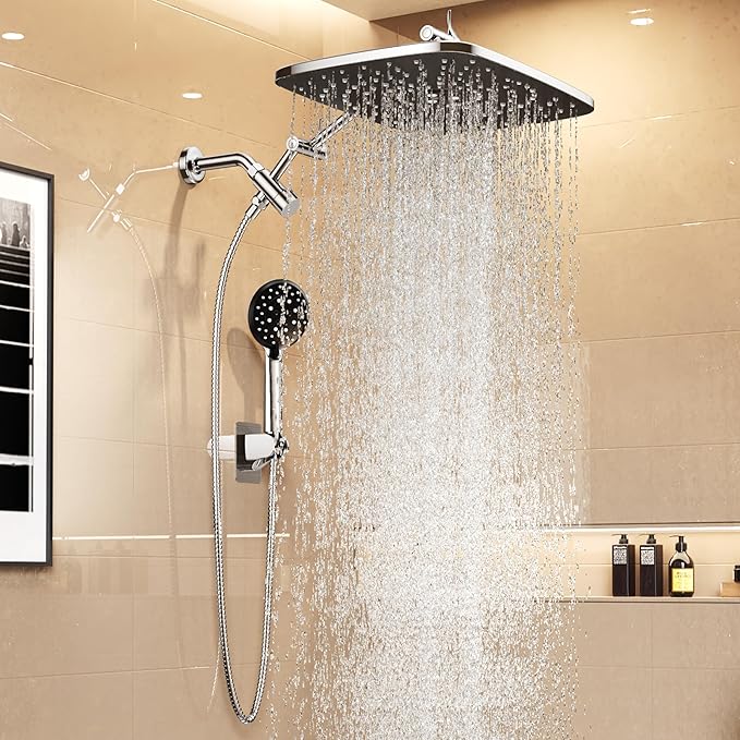 Veken 14" Wide Rain Shower Head with Handheld, High Pressure Handheld Shower with Multi Spray Modes, Rainfall Combo with 15" Metal Extension Arm, Detachable Dual Shower, Bathroom Decor, Chrome Silver