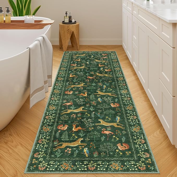 DUKINO 2.6x8 Rug for Hallway, Washable Kitchen Runner Rug with Non Slip Backing, Soft Low Pile Vintage Animal Runner for Bedroom, Kitchen, Hallway, Entryway, Laundry, Green