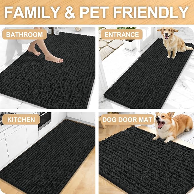 OLANLY Bathroom Rug Mat 44x24, Thick Soft and Absorbent Chenille Bath Mat, Non-Slip Rubber Backing, Machine Washable Quick Dry Bath Rugs for Tub Shower Floor, Home Decor Accessories, Black