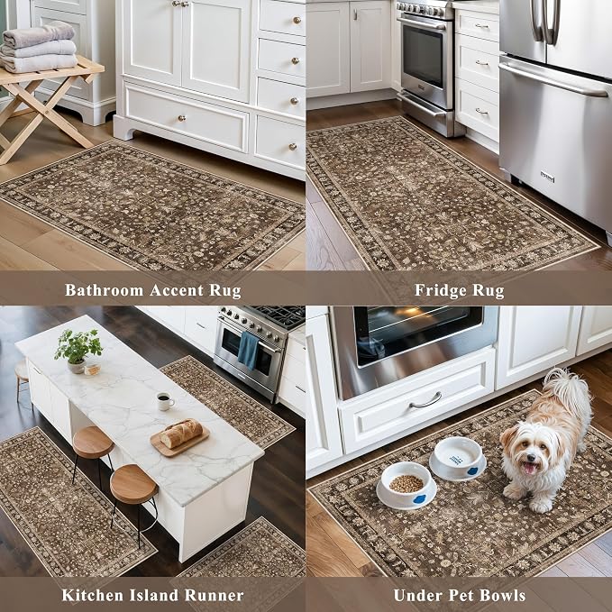 Washable Non-Skid 3 Piece Kitchen Rugs Set – Modern Boho Floral Low-Pile Area Rugs and Runner for Entryway, Bathroom, Hallway – Decorative Small Indoor Rugs (Brown, 2x3+2x4+2x5)