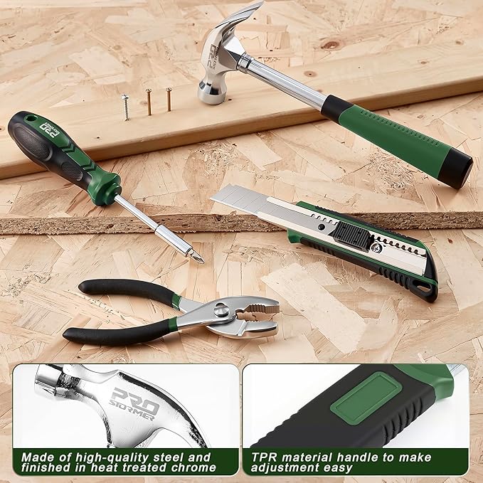 Prostormer 93-Piece Tool Kit, Basic Household Repair Tool Set with Toolbox Storage Case, Small Starter Tool Box Kit for Homeowners and College Students (Green)