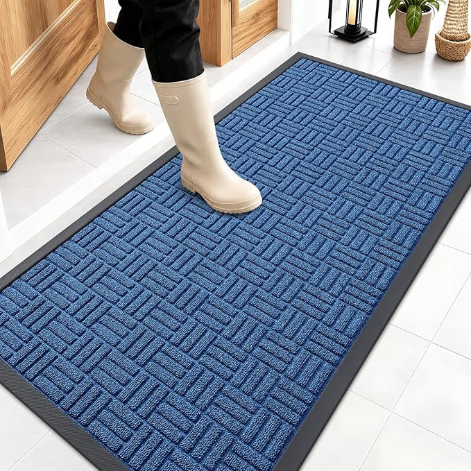OLANLY Front Door Mat Outside Entrance 47x23, Absorbent, Heavy Duty Sturdy Natural Rubber Doormat Indoor Outdoor, Non-Slip, Stain and Fade Resistant, Low Profile Floor Mat for Entryway, Ocean Blue