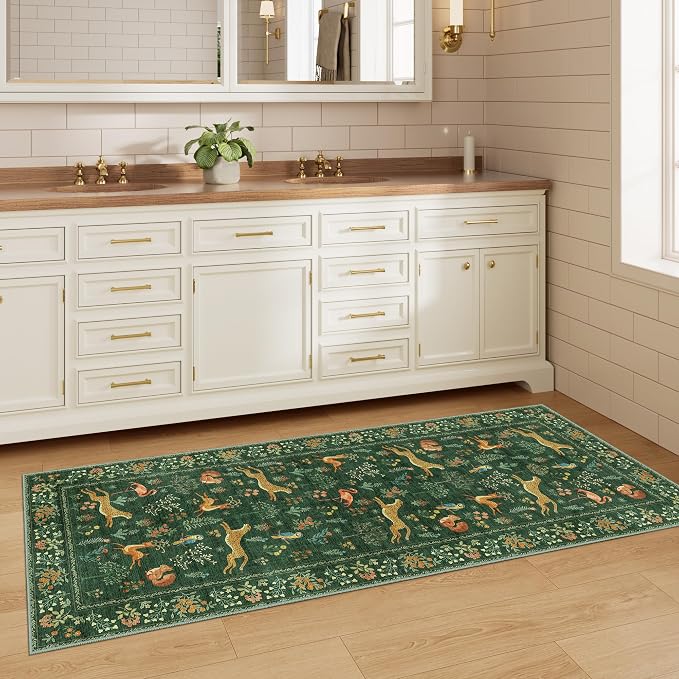 DUKINO 2x5 Rug for Hallway, Washable Kitchen Runner Rug with Non Slip Backing, Soft Low Pile Vintage Animal Runner for Bedroom, Kitchen, Hallway, Entryway, Laundry, Green