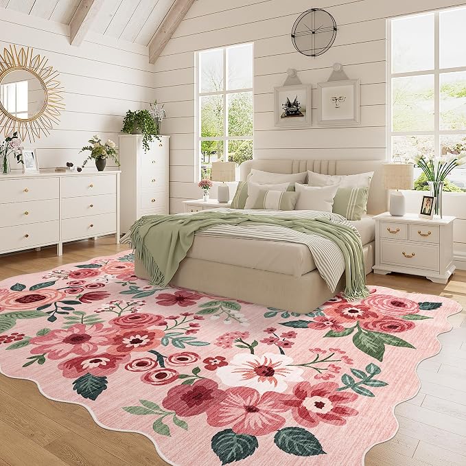 DUKINO 5x7 Area Rug, Floral Washable Rugs for Living Room with Non Slip Backing & Non-Shedding, Lightwight Low Pile Boho Design Large Carpets for Bedroom, Living Room, Dining Room, Pink