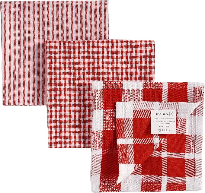 LANE LINEN Cotton Dish Towels for Drying Dishes - 6 Pack Soft Absorbent Kitchen Dish Cloths for Drying Dishes, Multi Purpose Kitchen Towel for Cleaning & Drying, 12"x12" - Christmas Red