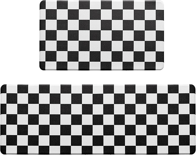 Black Checkered Grid Checkerboard Kitchen Rug Sets [2 PCs], Anti-Fatigue, Waterproof Non-Slip Kitchen Mats Heavy Duty Ergonomic Comfort Foam Rug for Floor, Home, Laundry,17"x29"+17"x47"