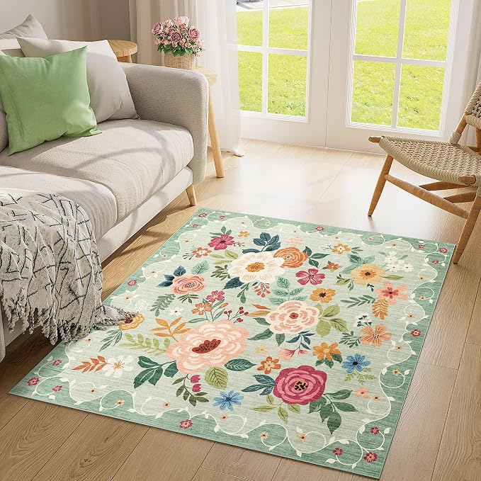 DUKINO 4x4 Square Area Rug, Floral Indoor Floor Washable Entryway Rug with Low Pile Design, Boho Non Slip Thin Doormat Carpet for Kitchen, Bedroom, Living Room, Office, Kids Playroom, Green