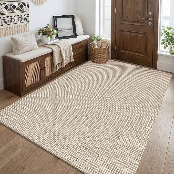 KOZYFLY Washable 4x5 Entry Woven Area Rug, Braided Throw Rugs for Entryway, Non Slip Door Mat Indoor Entrance, Flatweave Carpet for Foyer, Bedroom, Dining, Office, Ivory/Camel/Brown