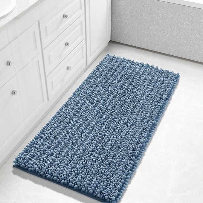 Yimobra Long Bathroom Rugs Non Slip Washable 44x24 Inch - Ultra Soft Absorbent Bath Mat, Quick Dry Shaggy Floor Carpet for Tub Shower, Denim Blue Home Decor Accessories