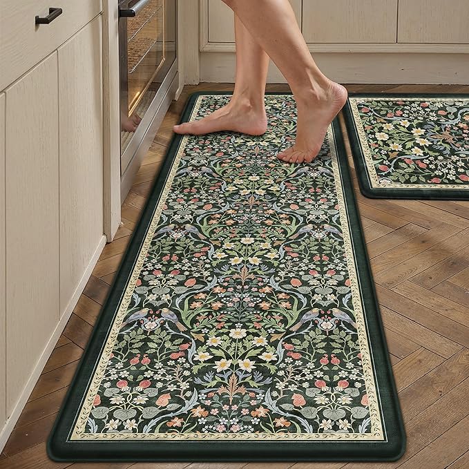 PureCozy Kitchen Mats for Floor 2PCS Anti Fatigue Cushioned Mat Non Slip Comfort Kitchen Rugs Vintage Floral Waterproof Standing Dark Green Mat for Sink Laundry Office Desk 17.3"x59"+17.3"x30"