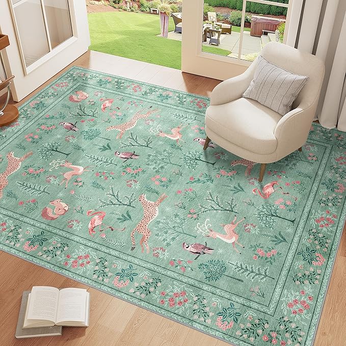 DUKINO 4x6 Rug, Washable Animal Area Rug with Non Slip Vintage Design, Indoor Soft Low Pile Carpet for Bedroom, Nursery, Dining Room, Farmhouse, Playroom, Teal