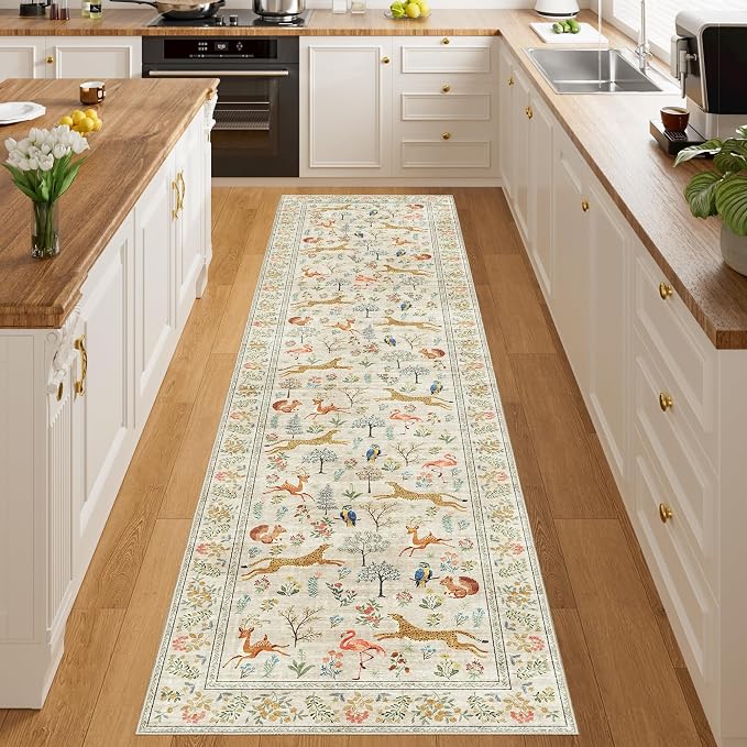 DUKINO Runner Rug, 2x8 Washable Kitchen Rugs for Hallways with Non Slip Backing, Soft Low Pile Vintage Animal Runner for Kitchen, Hallway, Entryway, Laundry, Bedroom, Beige