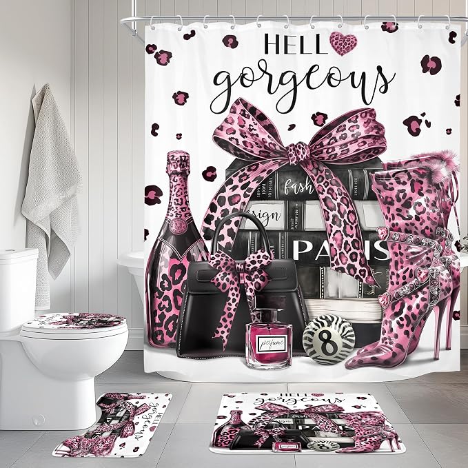 4Pcs Black and Pink Leopard Print Shower Curtain Set,Fashion Modern Girly Bow Perfume Striped Bathroom Curtain with Rug,Toilet Lid Cover, Bath Mat,High Heels Books Shower Curtain with 12 Hooks