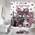 4Pcs Black and Pink Leopard Print Shower Curtain Set,Fashion Modern Girly Bow Perfume Striped Bathroom Curtain with Rug,Toilet Lid Cover, Bath Mat,High Heels Books Shower Curtain with 12 Hooks