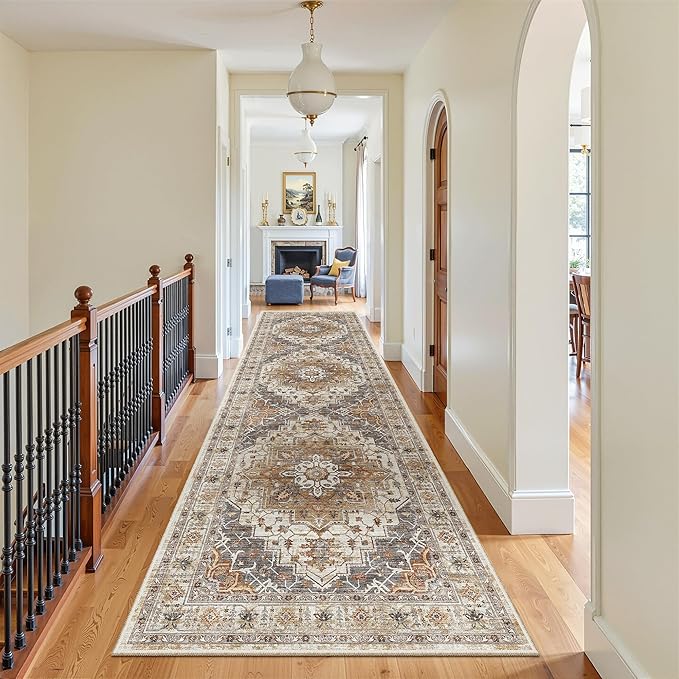 Madane Hallway Rug 3x10, Kitchen Rugs Washable Entryway Rug Vintage Kitchen Runners Non Slip Indoor Area Rug Farmhouse Carpet Runner for Bathroom Living Room Bedroom, Turmeric/Grey