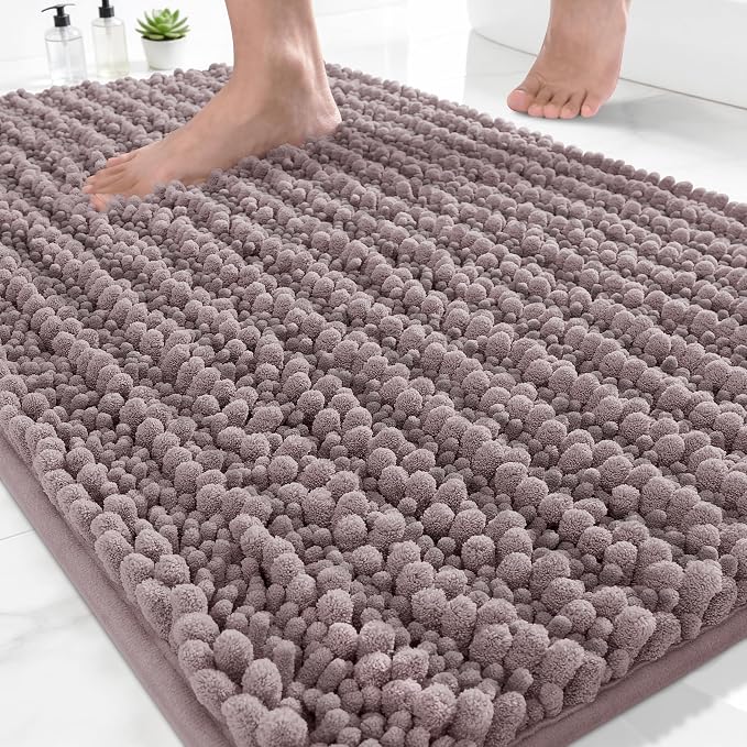 Yimobra Bathroom Rugs Non Slip Washable - Ultra Soft Absorbent Chenille Bath Mat, Quick Dry Shaggy Floor Carpet for Tub Shower, Mauve Home Decor Accessories, 24x17 Inch