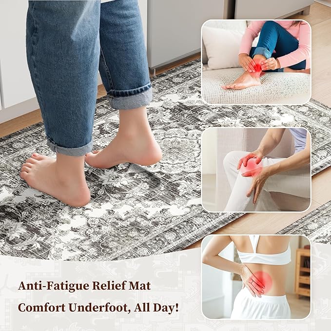 Boho Kitchen Mats for Floor 2 Piece Set Anti Fatigue Cushioned PVC Kitchen Rugs Non Slip Waterproof Farmhouse Mats 2/5 Inch Comfort Standing Mat for Sink, Laundry, 17.3"x59"+17.3"x28", Grey