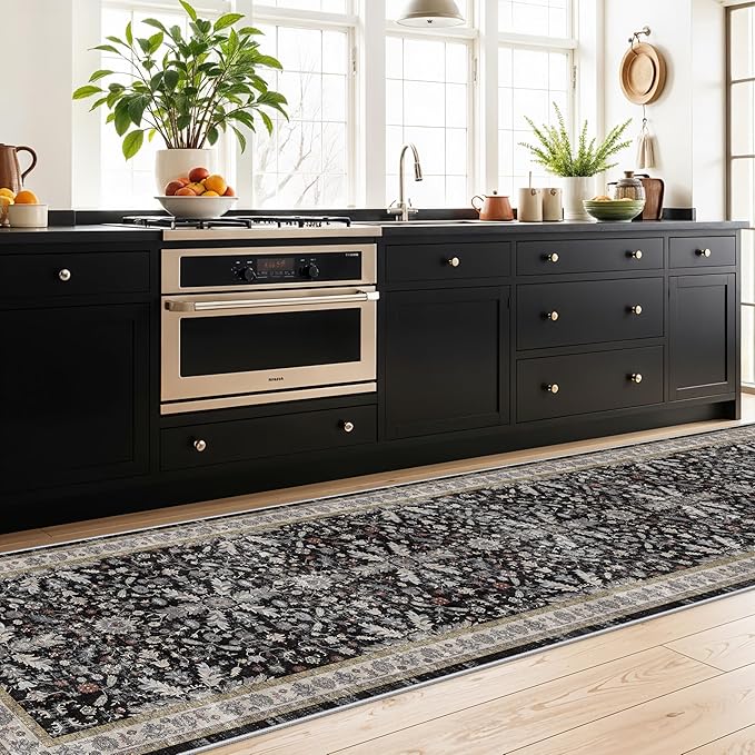3x12 ft Long Hallway Runner Rug - Non-Slip Washable Soft Kitchen Rug with Rubber Backing,Boho Floral Low Pile Floor Carpet Runner for Entryway,Bedroom,Living Room（Black,3x12）