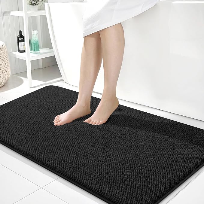OLANLY Thick Memory Foam Large Bathroom Rugs 40x24, Extra Soft Absorbent Bath Rug, Quick Dry Bath Mats, Non-Slip, Machine Washable Carpet for Bathroom, Tub and Shower, Home Decor Accessories, Black