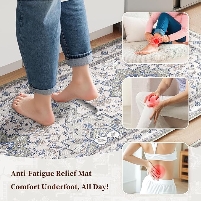 Boho Kitchen Mats for Floor 2 Piece Set Anti Fatigue Cushioned PVC Kitchen Rugs Non Slip Waterproof Farmhouse Mats 2/5 Inch Comfort Standing Mat for Sink, Laundry, 23.6"x39"+23.6"x59",C2