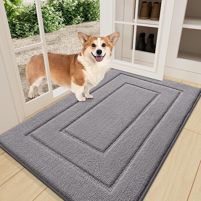 Smiry Dog Door Mat for Muddy Paws, Absorbs Moisture and Dirt, Low-Profile Entryway Mat with Non-Slip Backing, Entry Indoor Outdoor Doormat for Inside Floor (36x24 Inches, Grey, Bordered)