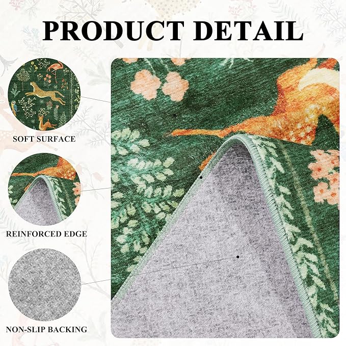 DUKINO 4x6 Rug, Washable Animal Area Rug with Non Slip Vintage Design, Indoor Soft Low Pile Carpet for Bedroom, Nursery, Dining Room, Farmhouse, Playroom, Green