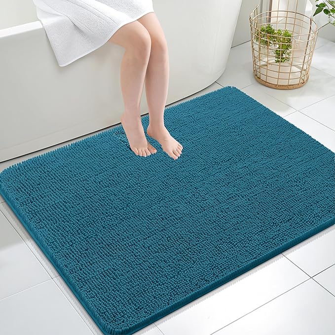 OLANLY Large Bathroom Rugs 40x32, Extra Soft Absorbent Chenille Bath Rugs, Rubber Backing Quick Dry, Machine Washable Bath Mats for Bathroom Floor, Tub and Shower, Home Decor Accessories, Peacock Blue