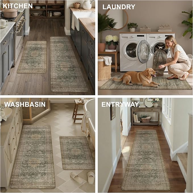 Vintage Kitchen Mats for Floor Anti Fatigue Waterproof Kitchen Rugs Sets of 2 Green Brown Cushioned Non-Slip Kitchen Mats Comfort Standing Mat for Sink Laundry Office 17.3"×47"+17.3"×30"