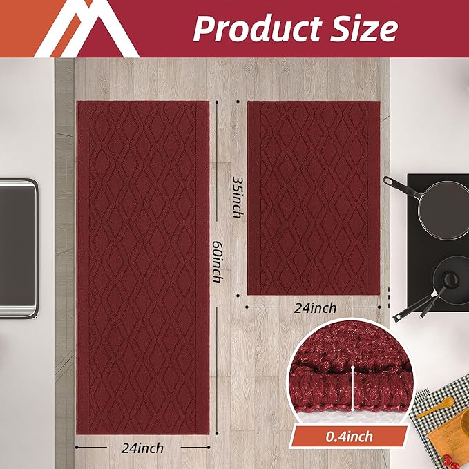 COSY HOMEER 60x24Inch/35X24Inch Kitchen Rugs Sets Non-Slip Washable Kitchen Mats for Floor Polypropylene Absorbent Kitchen Runner for Kitchen Sink Hallway Entryway(Red)