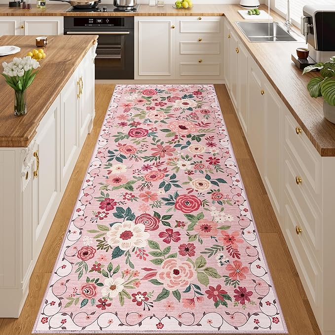 DUKINO 3x8 Runner Rug, Washable Rug for Kitchen with Non Slip Backing, Soft Non Shedding & Low Pile Design Long Floor Carpet Runner for Hallway, Bathroom, Entryway, Laundry, Pink
