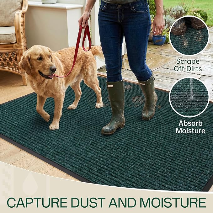 Indoor Outdoor Door Mat, 10’x 3' Doormat for Entryway, Rubber Backing Non Slip Front Door Mat Outside Entrance, Super Absorbent Commercial Floor Mat for Home Office, Green