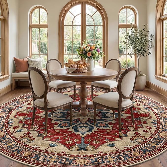 RELEANY Area Rugs Round 10ft Washable Non-Slip, Floral Vintage Distress Medallion Carpet for Living Room Bedroom Dining Room, Red Blue