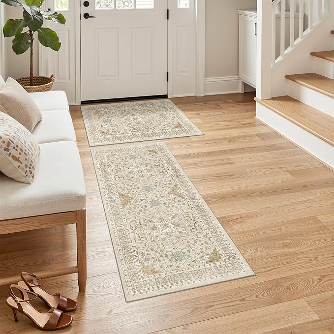 Madane 2-Piece Kitchen Runner Rug Set, Small Area Rug Non-Slip Vintage Door Mat Indoor Entrance, Low Pile Floor Carpet for Inside Front Door Bedroom Entryway Entry Laundry (2x3+2x4, Beige/Blue)