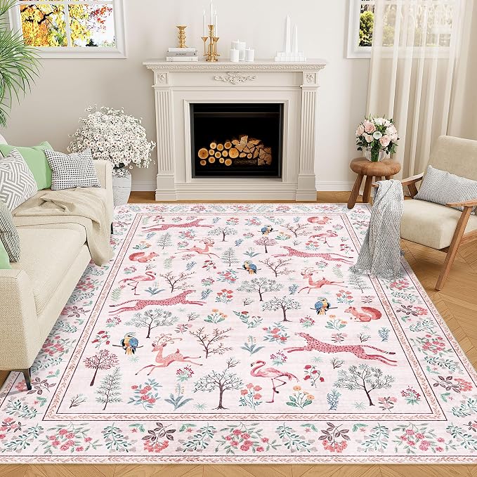 DUKINO 6x9 Rug, Washable Animal Living Room Rug with Non Slip Vintage Design, Soft Low Pile Large Carpet for Bedroom, Nursery, Dining Room, Farmhouse, Playroom, Pink