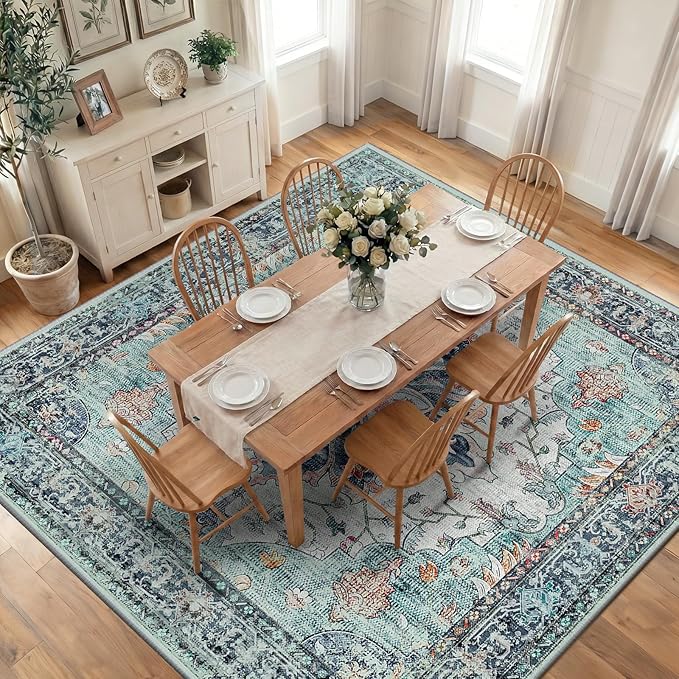 RELEANY Area Rugs Square 10ft Washable Non-Slip, Floral Vintage Distress Medallion Carpet for Living Room Bedroom Dining Room, Green Navy Blue White Red Teal