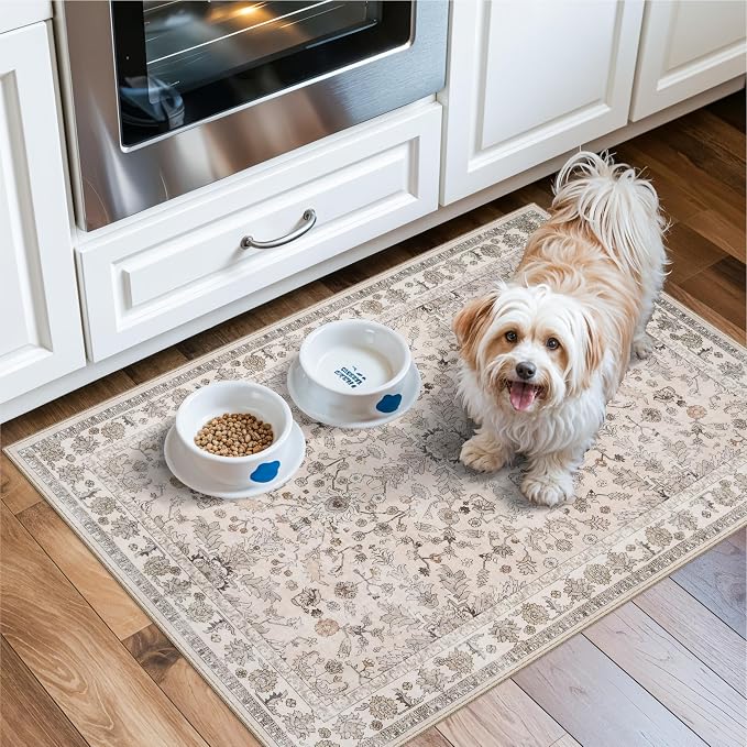 2x3 Non-Slip Washable Kitchen Rug – Boho Small Accent Rug for Sink & Entryway, Soft Low Pile Thin Carpet for Pet Area & Bathroom, Indoor Door Mat (Beige,2x3)