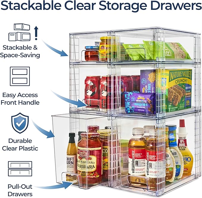 Sorbus Stackable Clear Storage Drawers, 6 Pack (2 Large + 2 Medium + 2 Small) Pull-Out Organizer Bins – Plastic Drawer Organizers for Bathroom, Vanity, Makeup, Under Sink & Countertop Organization