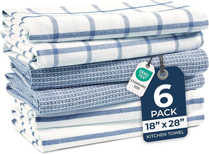 LANE LINEN Cotton Kitchen Towels Set, 6-Pack – Absorbent, Quick-Drying Dish Towels, 18" x 28", Soft, Premium Hand and Tea Towels - Indigo