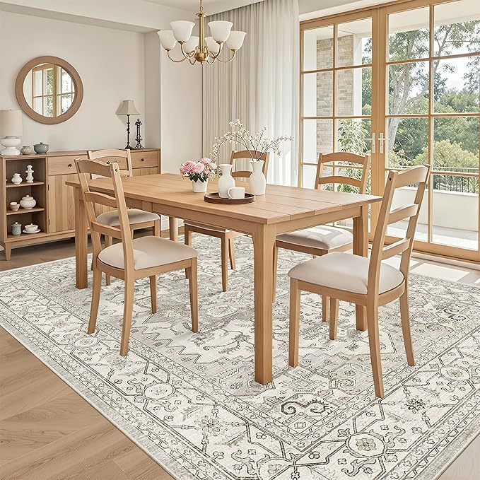 Madane 6x9 Area Rugs for Living Room, Stain Resistant Washable Rugs, Non-Slip Backing Area Rug, Vintage Home Decor Rug for Bedroom (Beige/Brown, 6'x9')