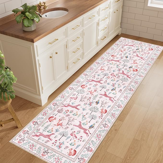 DUKINO 2x10 Rug for Hallway, Washable Kitchen Runner Rug with Non Slip Backing, Soft Low Pile Vintage Animal Runner for Bedroom, Kitchen, Hallway, Entryway, Laundry, Pink
