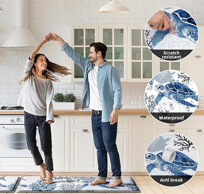 Coastal Beach Kitchen Floor Mat Rugs Nautical Decorative Coral Sea Turtle Kitchen Rugs Anti Fatigue Mats Non-Slip Comfort Standing Cushioned for Kitchen 17.3" 28" + 17.3" x 47" Set 2 Pcs Navy Blue