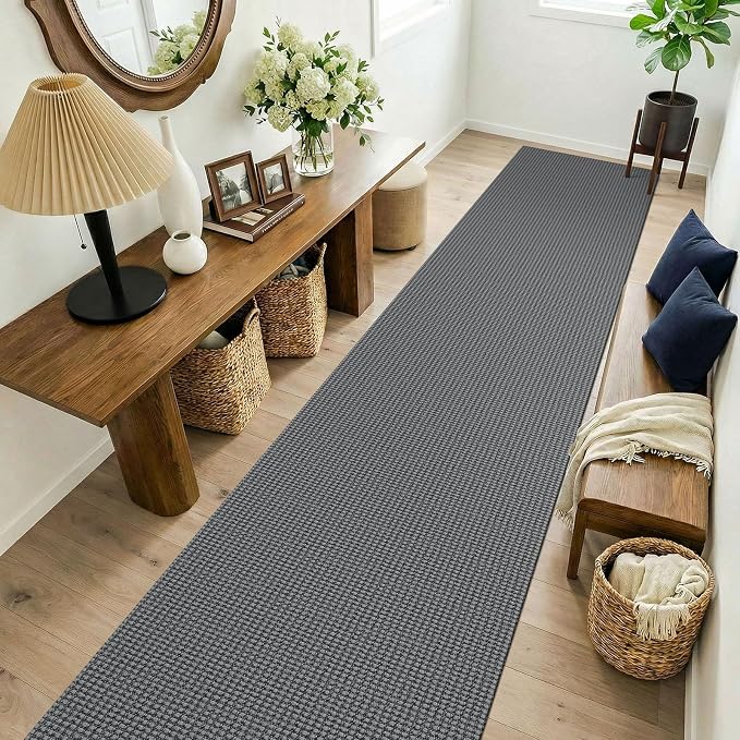 KOZYFLY Cotton 2.5'x14' Runners Rugs for Hallway, Long Washable Runner Rug, Woven Non Slip Kitchen Runner, Flatweave Entryway Rug, Floor Carpet for Entry, Aisle, Hall, Grey/Dark Grey