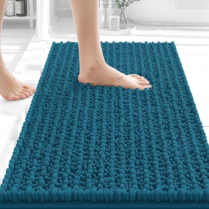 OLANLY Bathroom Rug Mat 24x16, Thick Soft and Absorbent Chenille Bath Mat, Non-Slip Rubber Backing, Machine Washable Quick Dry Bath Rugs for Tub Shower Floor, Home Decor Accessories, Peacock Blue