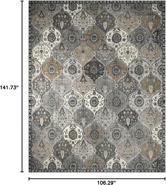 Lahome Moroccan Trellis 9x12 Rug for Living Room, Soft 9x12 Area Rug for Bedroom Dining Room, Ultra-Thin Non-Slip Non Shedding Distressed Throw Large Carpet for Office Elise, Grey
