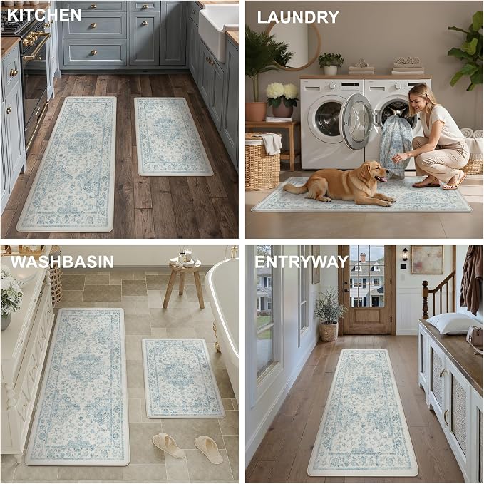 Anti Fatigue Kitchen Mats 2PCS Blue Neutral Mats for Cushioned Vintage Kitchen Matss for Floor Non-Slip Waterproof Comfort Standing Rug for Sink Laundry Office 17.3"×47"+17.3"×30"