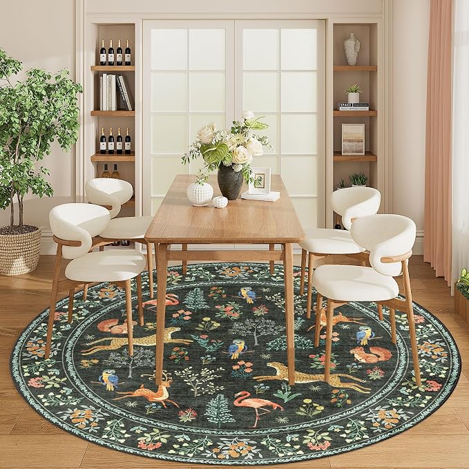 DUKINO 6ft Round Rug for Bedroom, Animal Print Washable Circle Rug with Low Pile Design, Soft Indoor Floor Non Slip Carpet for Entryway, Living Room, Office, Dining Room, Black