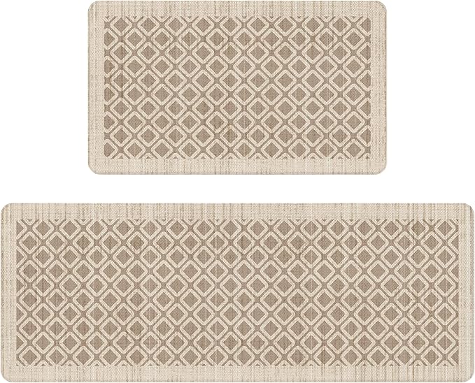 Tan Khaki Vintage Geometric Elegance Grid Kitchen Rug Sets [2 PCs], Anti-Fatigue, Waterproof Non-Slip Kitchen Mats Heavy Duty Comfort Foam Rug for Kitchen, Floor, Laundry,17"x29"+17"x47"